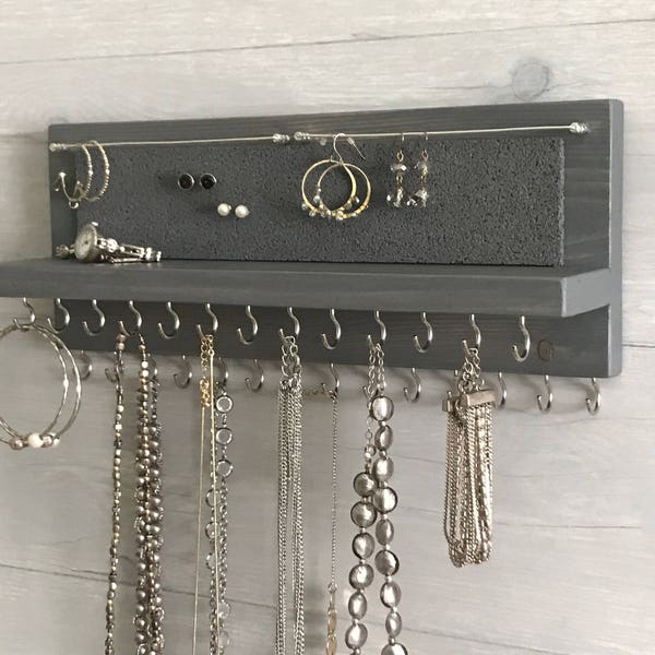 Jewelry Organizer Wall Mounted, Necklace Bracelet Earring Holder, Rustic Gray