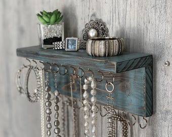 Jewelry Organizer Wall Mounted, Necklace Bracelet Holder, Distressed Teal/Brown