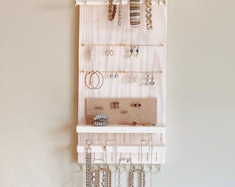 Space-Saving Vertical Jewelry Organizer Wall Mount Rustic Cream - Necklaces Bracelets Earrings Holder