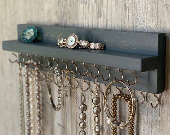 Jewelry Organizer Wall Mounted, Necklace Bracelet Earring Holder, 14" Rustic Gray