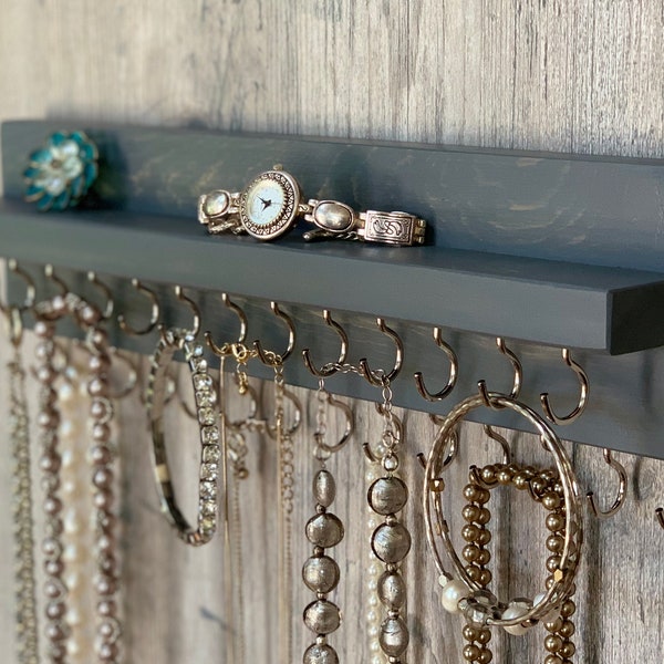 Jewelry Organizer Wall Mounted, Necklace Bracelet Holder, Rustic Gray