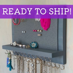 FAST SHIPPING! Jewelry Organizer Wall Mounted, Necklace Bracelet Earring Holder, 14&quot; XL Rustic Gray with silver hooks