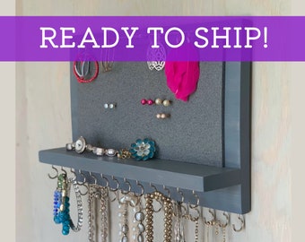 FAST SHIPPING! Jewelry Organizer Wall Mounted, Necklace Bracelet Earring Holder, 14" XL Rustic Gray with silver hooks