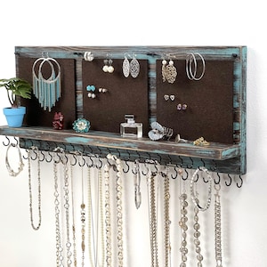 Jewelry Organizer Wall Mounted, Necklace Bracelet Earring Holder, XL Distressed Teal/Brown
