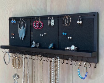 Jewelry Organizer Holder - Wall Mounted Necklaces Bracelets, Earrings XL Rustic Black