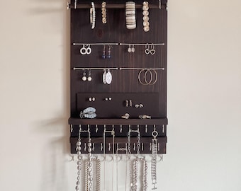 Space-Saving Vertical Jewelry Organizer Wall Mount Dark Brown - Necklaces Bracelets Earrings Holder