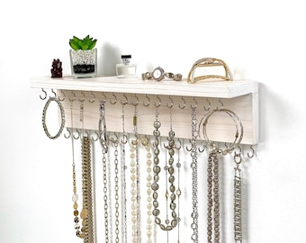 Jewelry Organizer Wall Mounted, Necklace Bracelet Holder, Rustic Cream