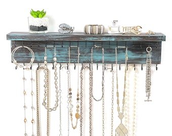 Jewelry Organizer Wall Mounted, Necklace Bracelet Holder, Teal/Brown Distressed