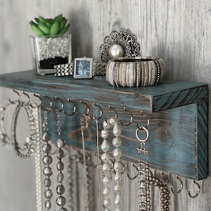 Jewelry Organizer Wall Mounted, Necklace Bracelet Holder, Distressed Teal/Brown