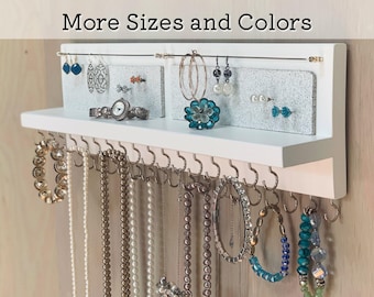 Handmade White Jewelry Organizer Wall Mount: Necklace, Earring, Bracelet Holder