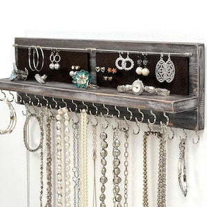Jewelry Organizer Wall Mounted, Distressed Gray/Brown, Necklace Bracelet Earring Holder