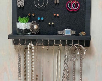 Jewelry Organizer Wall Mounted, Necklace Bracelet Earring Holder, XL Rustic Black