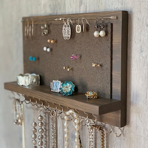 Jewelry Organizer Wall Mounted, Necklace Bracelet Earring Holder, XL Rustic Smokey Brown