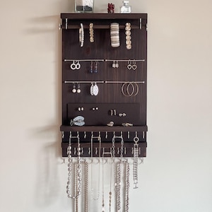 Space-Saving Vertical Jewelry Organizer Wall Mount Dark Brown - Necklaces Bracelets Earrings Holder