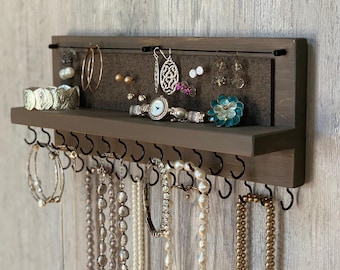Jewelry Organizer Wall Mounted, Necklace Bracelet Earring Holder, Rustic Smokey Brown