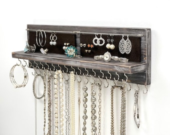 Jewelry Organizer Wall Mounted, Distressed Gray/Brown, Necklace Bracelet Earring Holder