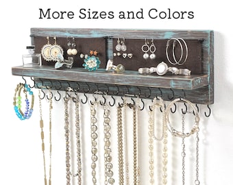 Wall Mount Wood Jewelry Organizer: Distressed Teal Brown Necklace, Earring, Bracelet Holder