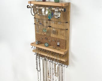 Space-Saving Vertical Jewelry Organizer Wall Mount Driftwood - Necklaces Bracelets Earrings Holder