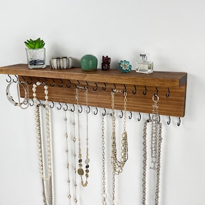 Jewelry Organizer Wall Mounted, Necklace Bracelet Holder, Walnut Brown