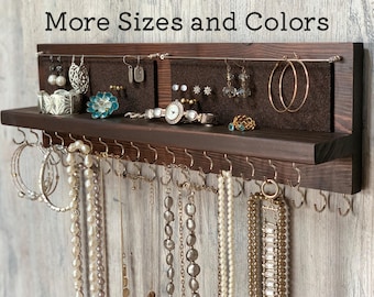 Rustic Dark Brown Jewelry Organizer Wall Mount: Necklace, Earring & Bracelet Holder
