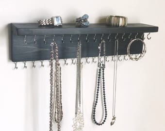 Organizador de joyas de pared, soporte para collares y pulseras, color negro rústico