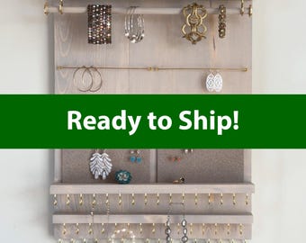 Wall Mount Large Pale Gray Washed Jewelry Organizer for Necklaces, Bracelets, Earrings