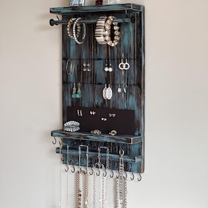 Space-Saving Vertical Jewelry Organizer Wall Mount Distressed Teal/Brown - Necklaces Bracelets Earrings Holder