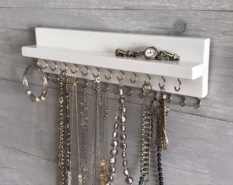 Jewelry Organizer Wall Mounted, Necklace Bracelet Holder, Solid White