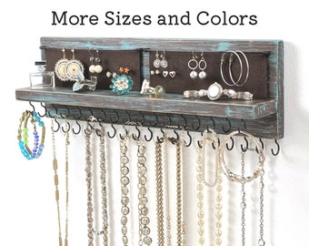 Jewelry Organizer Wall Mount | Necklace Holder | Earring Holder | Bracelet Holder | Distressed Teal/Brown