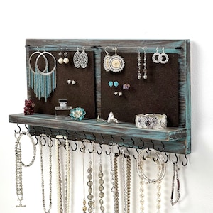 Jewelry Organizer Wall Mounted, Necklace Bracelet Earring Holder, XL Distressed Teal/Brown