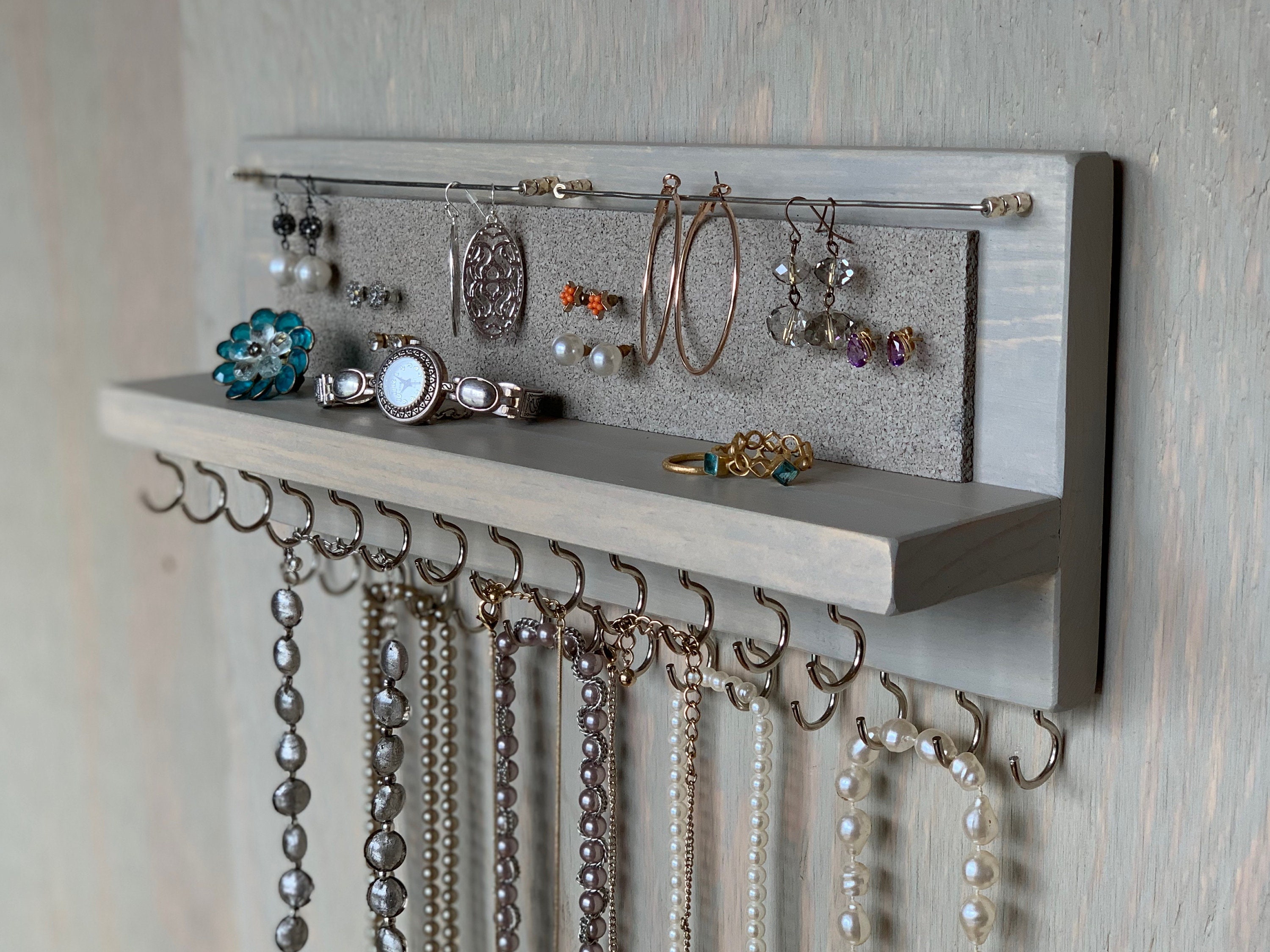 Necklace holder With Shelf, Gray Jewelry Organizer, Bracelet and Earring  Holder