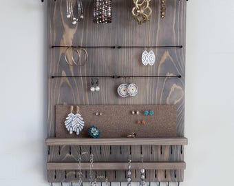 Wall Mount Large Warm Gray Washed Jewelry Organizer for Necklaces, Bracelets, Earrings