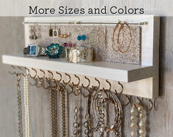 Rustic Cream White Jewelry Organizer Wall Mount: Necklace, Earring & Bracelet Holder