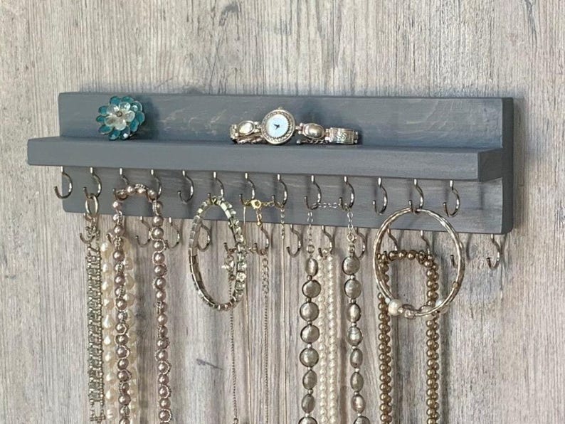 Jewelry Organizer Wall Mounted, Necklace Bracelet Holder, Rustic Gray image 2