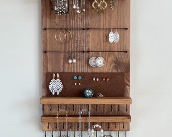 14" Wall Mount Large Walnut Jewelry Organizer for Necklaces, Bracelets, Earrings