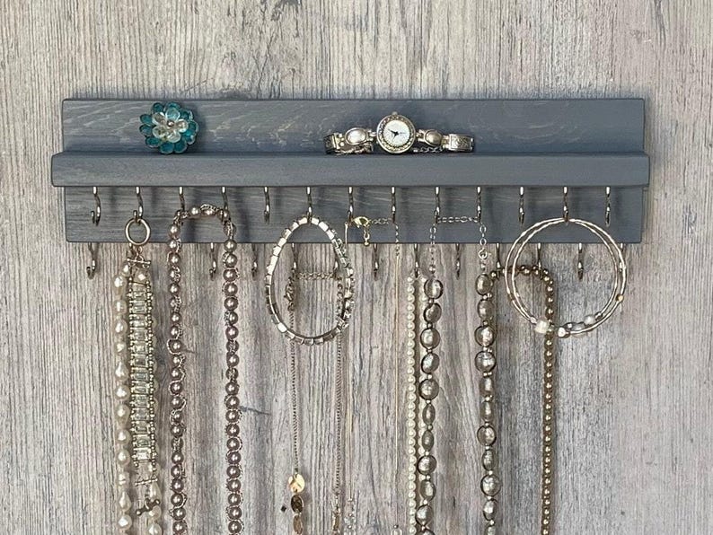 Jewelry Organizer Wall Mounted, Necklace Bracelet Holder, Rustic Gray image 3