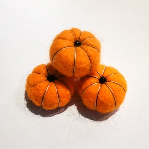 May include: Three handmade orange felt pumpkins with black centres and silver accents. The pumpkins are arranged in a small pile, ideal for autumn or Halloween decor. The pumpkins are a vibrant orange colour.