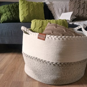 Large Woven Basket Cotton Rope Blanket Basket 55cm | White & Beige Storage Basket Living Room Children Kids Nursery Toy Storage Organiser