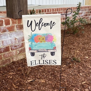 Custom garden flag, truck and flowers garden flag, spring garden flag,  porch decor , last name garden flag, farmhouse fall, garden flag