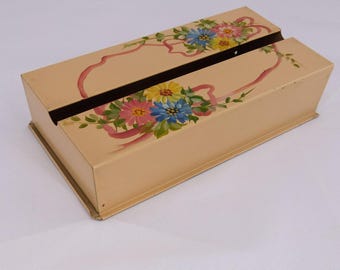 Vintage Metal Tissue Box Cover Beige Hand Painted Floral Ribbon Toleware Style