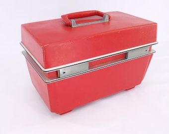 Show Case Vintage Train Case Red Hard Shell Vanity Makeup Box Mirror Tray