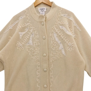 vtg Cervelle Lambswool Angora Cardigan Beaded Rhinestone Ribbon Embellished L