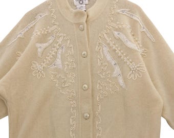 vtg Cervelle Lambswool Angora Cardigan Beaded Rhinestone Ribbon Embellished L