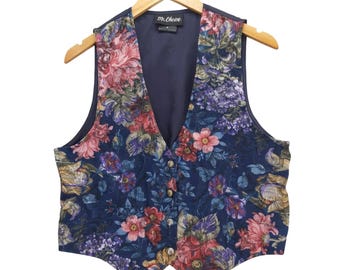 vtg 90s Floral Vest Women S Blue Tapestry Ornate Button Back Tie Waistcoat