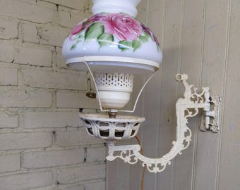 vtg Wall Sconce Hand Painted Pink Rose Milk Glass Hurricane Lamp Cast Iron