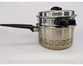 VTG Ecko Stainless Steel Double Boiler w Lid Black Handles Swirl Design 2qt