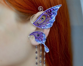 Butterfly wing ear cuff with chains, Fairy ear cuff dangle, Butterfly ear wrap no piercing