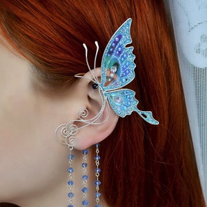 Butterfly ear cuff earring no piercing, fairy ear wrap Blue