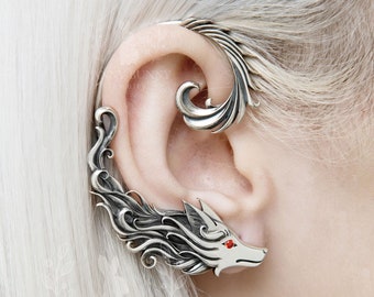 Wolf ear cuff silver, big Ear cuff with piercing, single wolf earring sterling silver