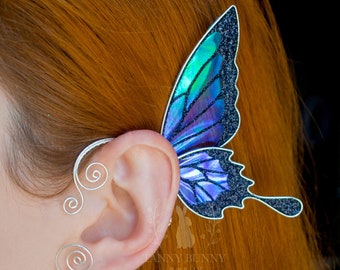 Blue butterfly ear cuff no piercing, Fairy wing earring